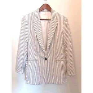 H&M Pinstripe Blazer Women's Sz 12 White Navy Striped Single Button Cotton Blend